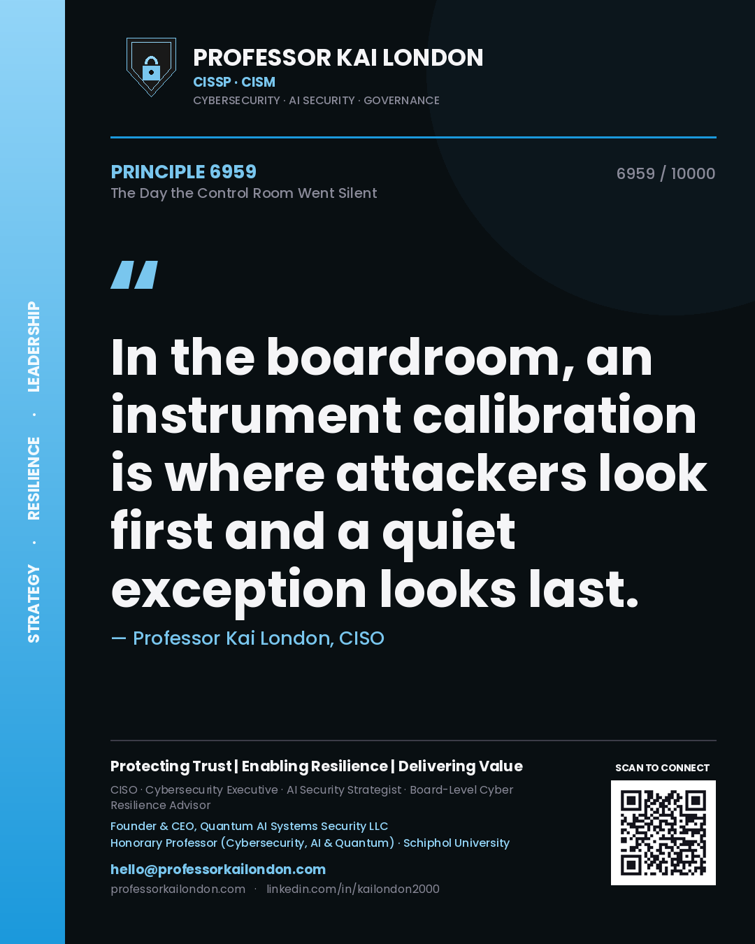 Quote card by Professor Kai London reading 'In the boardroom, an instrument calibration is where attackers look first and a quiet exception looks last.'. From the book The Day the Control Room Went Silent.