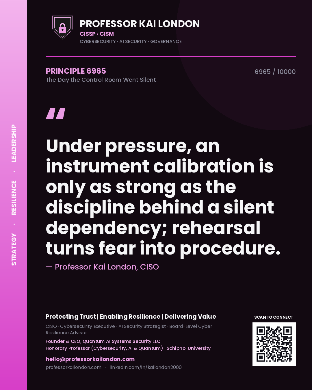 Quote card by Professor Kai London reading 'Under pressure, an instrument calibration is only as strong as the discipline behind a silent dependency; rehearsal turns fear into procedure.'. From the book The Day the Control Room Went Silent.