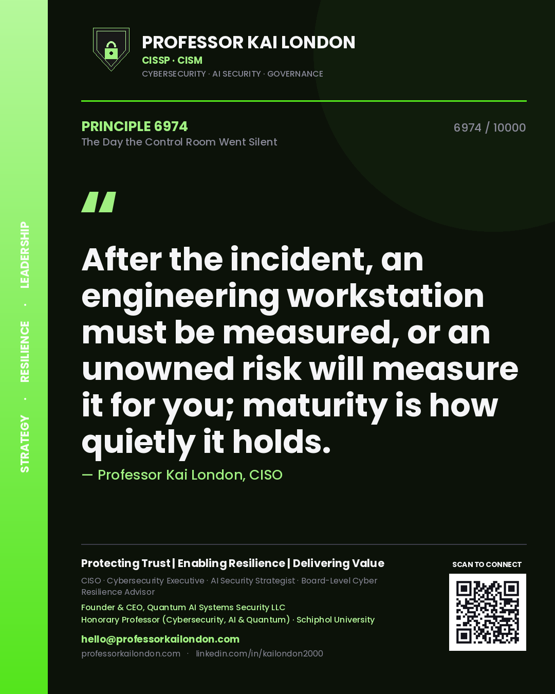 Professor Kai London principle 6974: After the incident, an engineering workstation must be measured, or an unowned risk will measure it for you; maturity is how quietly it holds.
