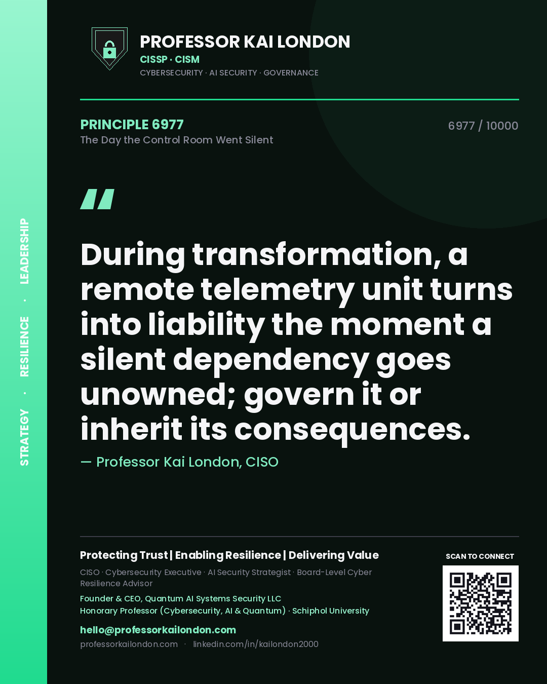 Professor Kai London principle 6977: During transformation, a remote telemetry unit turns into liability the moment a silent dependency goes unowned; govern it or inherit its consequences.