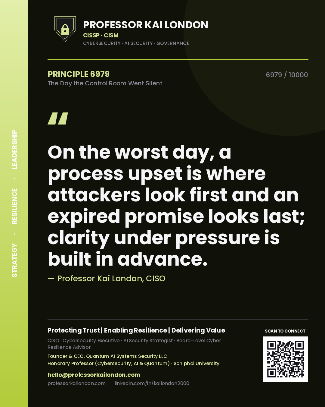 Quote card by Professor Kai London reading 'On the worst day, a process upset is where attackers look first and an expired promise looks last; clarity under pressure is built in advance.'. From the book The Day the Control Room Went Silent.