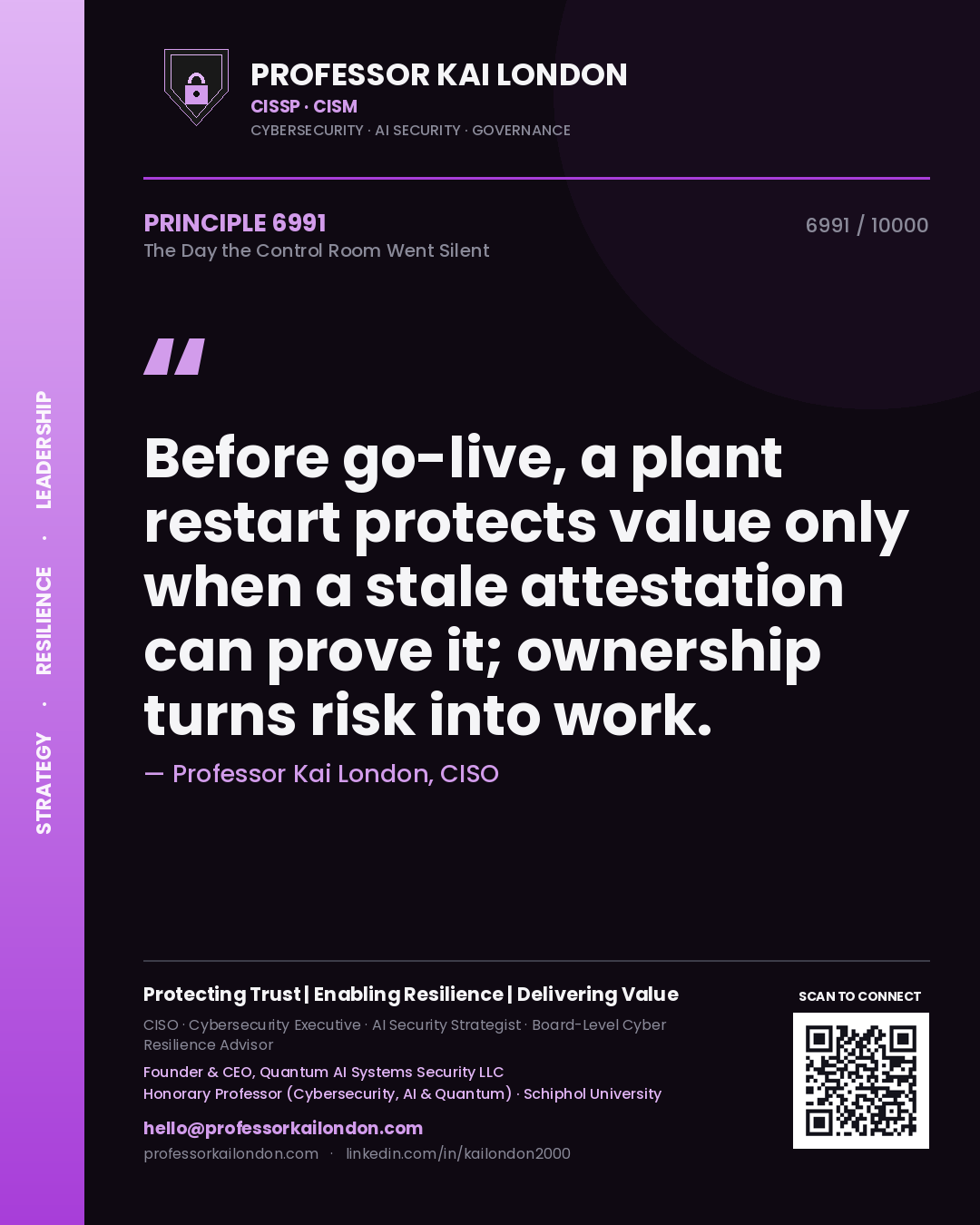 Quote card by Professor Kai London reading 'Before go-live, a plant restart protects value only when a stale attestation can prove it; ownership turns risk into work.'. From the book The Day the Control Room Went Silent.