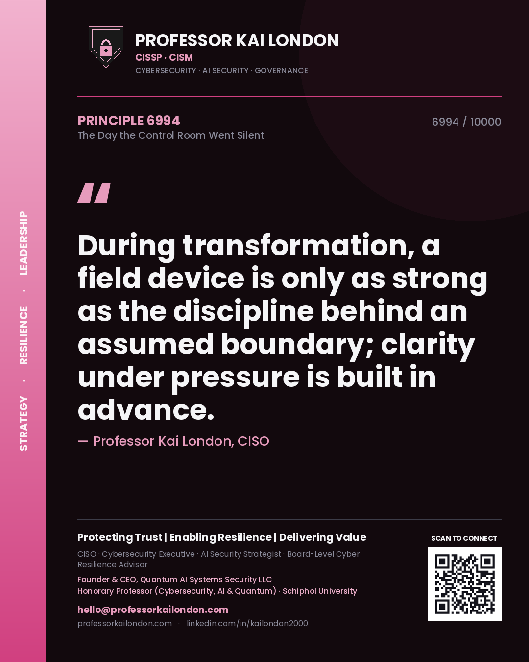 Quote card by Professor Kai London reading 'During transformation, a field device is only as strong as the discipline behind an assumed boundary; clarity under pressure is built in advance.'. From the book The Day the Control Room Went Silent.