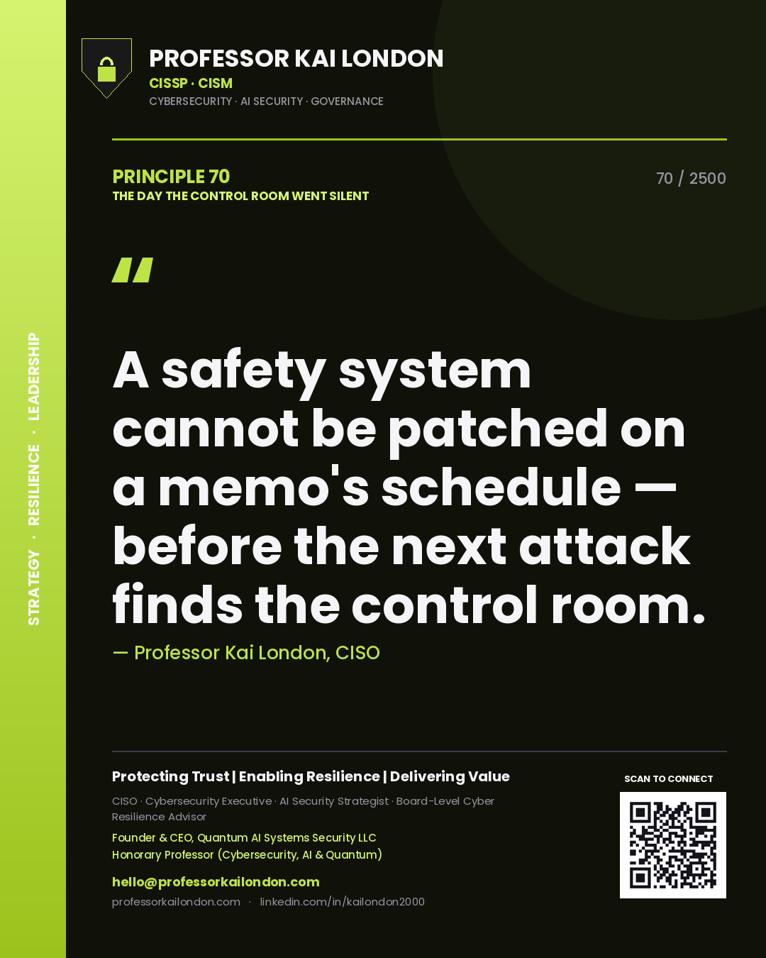 Professor Kai London principle 70: A safety system cannot be patched on a memo's schedule — before the next attack finds the control room.