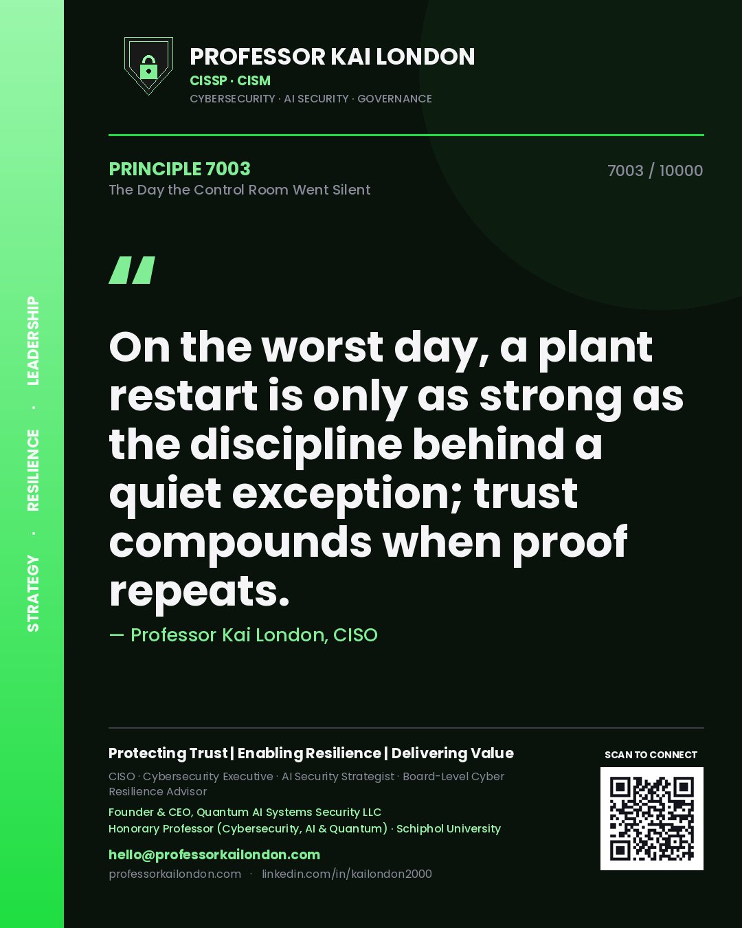 Quote card by Professor Kai London reading 'On the worst day, a plant restart is only as strong as the discipline behind a quiet exception; trust compounds when proof repeats.'. From the book The Day the Control Room Went Silent.