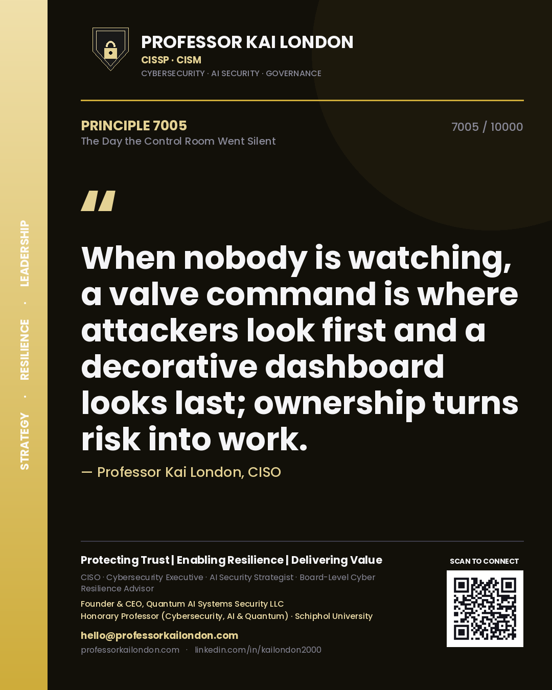 Quote card by Professor Kai London reading 'When nobody is watching, a valve command is where attackers look first and a decorative dashboard looks last; ownership turns risk into work.'. From the book The Day the Control Room Went Silent.