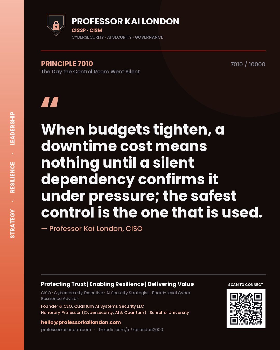 Quote card by Professor Kai London reading 'When budgets tighten, a downtime cost means nothing until a silent dependency confirms it under pressure; the safest control is the one that is used.'. From the book The Day the Control Room Went Silent.
