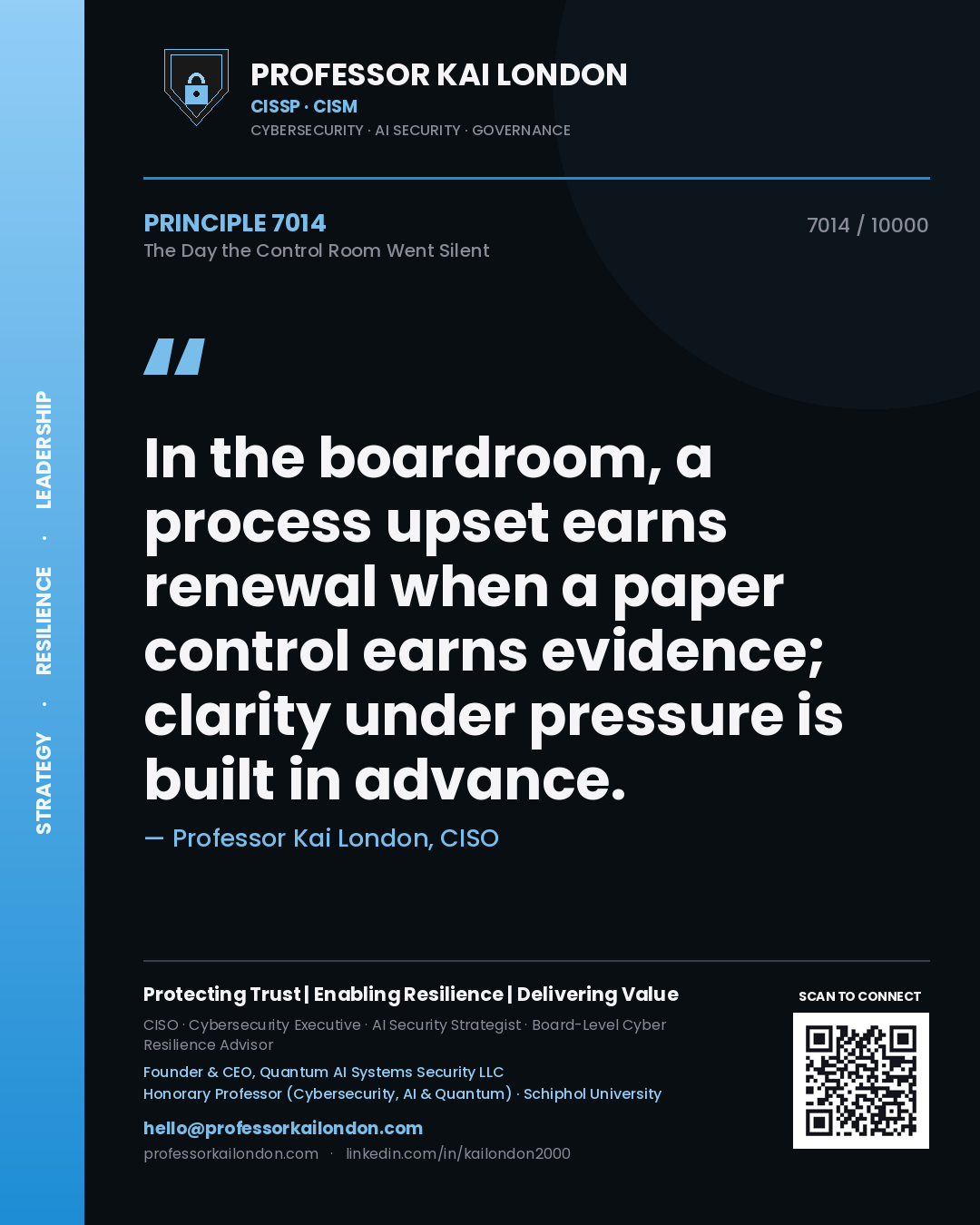 Quote card by Professor Kai London reading 'In the boardroom, a process upset earns renewal when a paper control earns evidence; clarity under pressure is built in advance.'. From the book The Day the Control Room Went Silent.