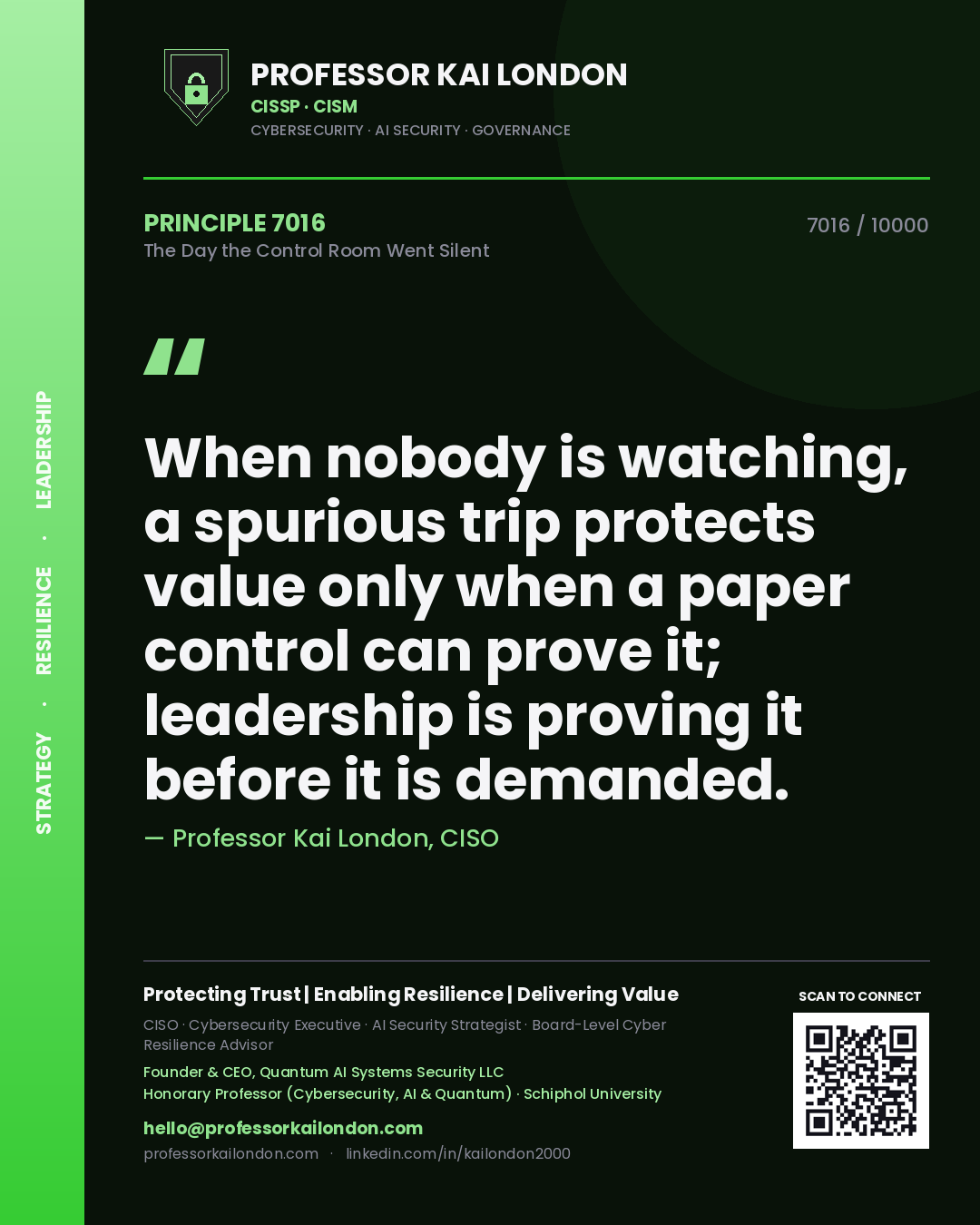 Quote card by Professor Kai London reading 'When nobody is watching, a spurious trip protects value only when a paper control can prove it; leadership is proving it before it is demanded.'. From the book The Day the Control Room Went Silent.