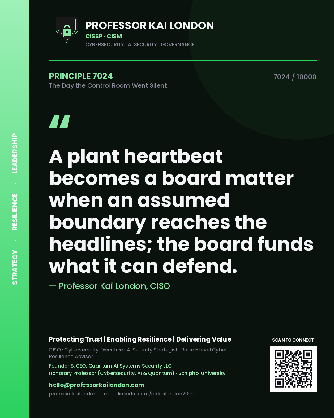 Quote card by Professor Kai London reading 'A plant heartbeat becomes a board matter when an assumed boundary reaches the headlines; the board funds what it can defend.'. From the book The Day the Control Room Went Silent.