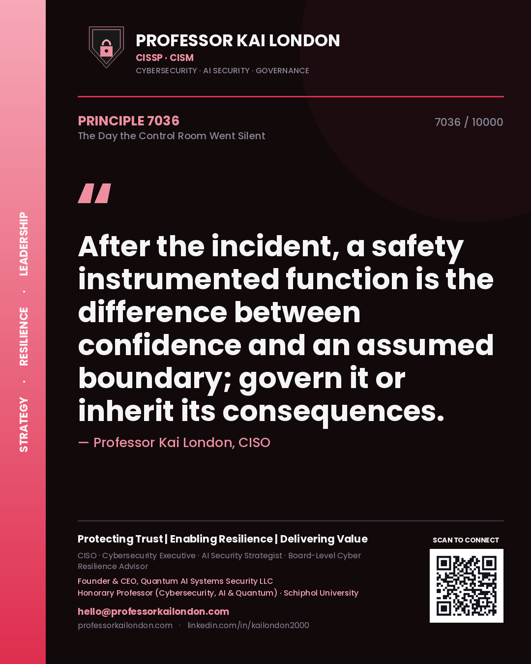 Professor Kai London principle 7036: After the incident, a safety instrumented function is the difference between confidence and an assumed boundary; govern it or inherit its consequences.