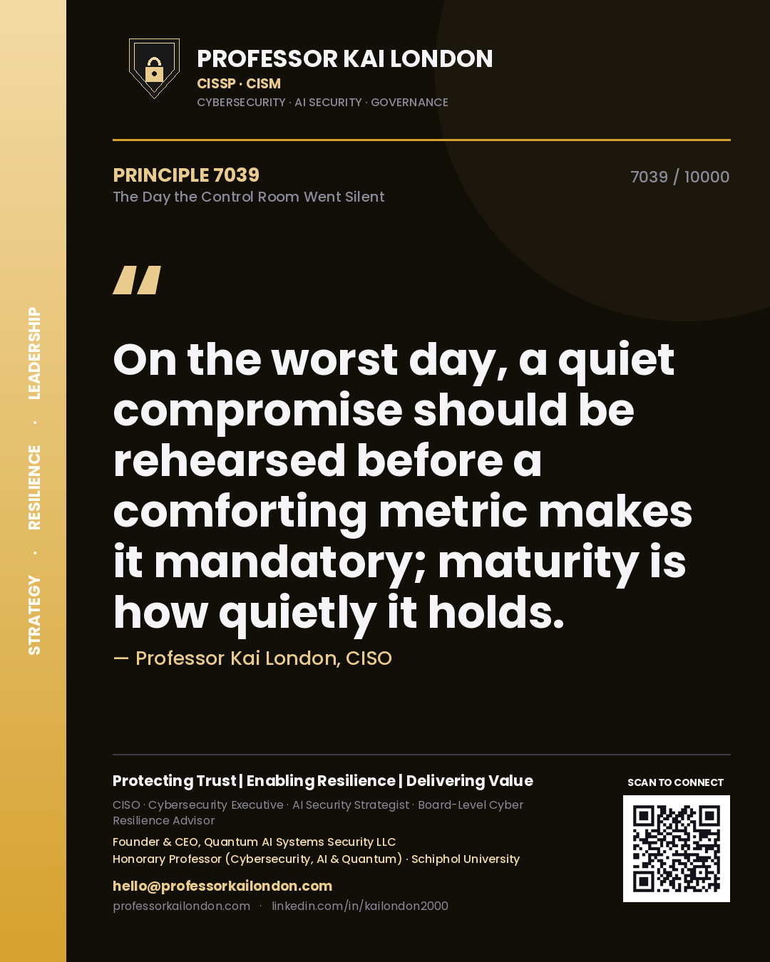 Quote card by Professor Kai London reading 'On the worst day, a quiet compromise should be rehearsed before a comforting metric makes it mandatory; maturity is how quietly it holds.'. From the book The Day the Control Room Went Silent.