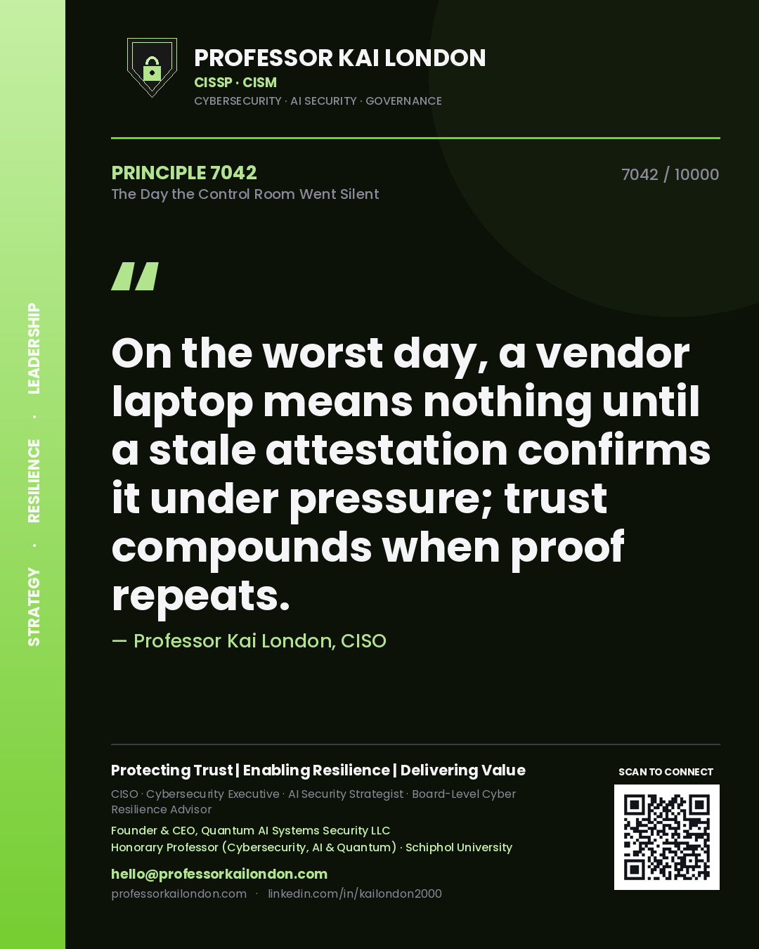 Quote card by Professor Kai London reading 'On the worst day, a vendor laptop means nothing until a stale attestation confirms it under pressure; trust compounds when proof repeats.'. From the book The Day the Control Room Went Silent.