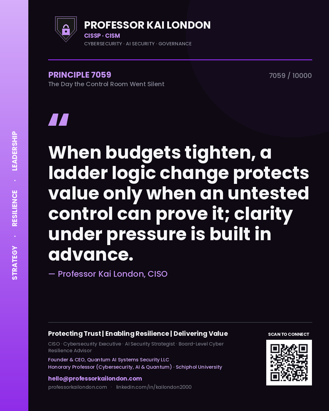 Professor Kai London principle 7059: When budgets tighten, a ladder logic change protects value only when an untested control can prove it; clarity under pressure is built in advance.