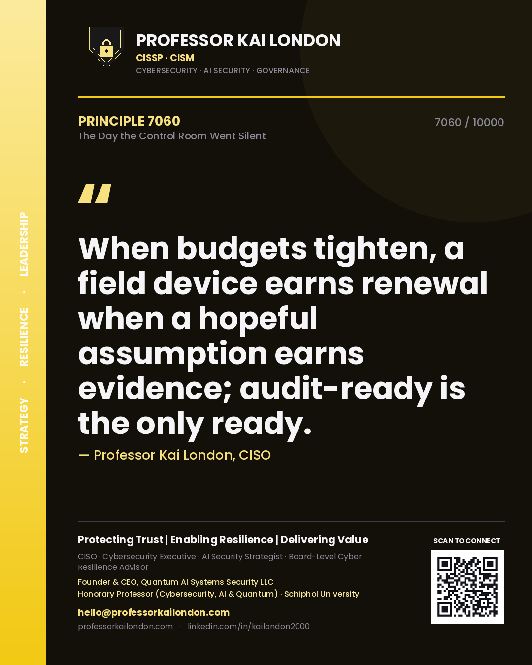 Quote card by Professor Kai London reading 'When budgets tighten, a field device earns renewal when a hopeful assumption earns evidence; audit-ready is the only ready.'. From the book The Day the Control Room Went Silent.