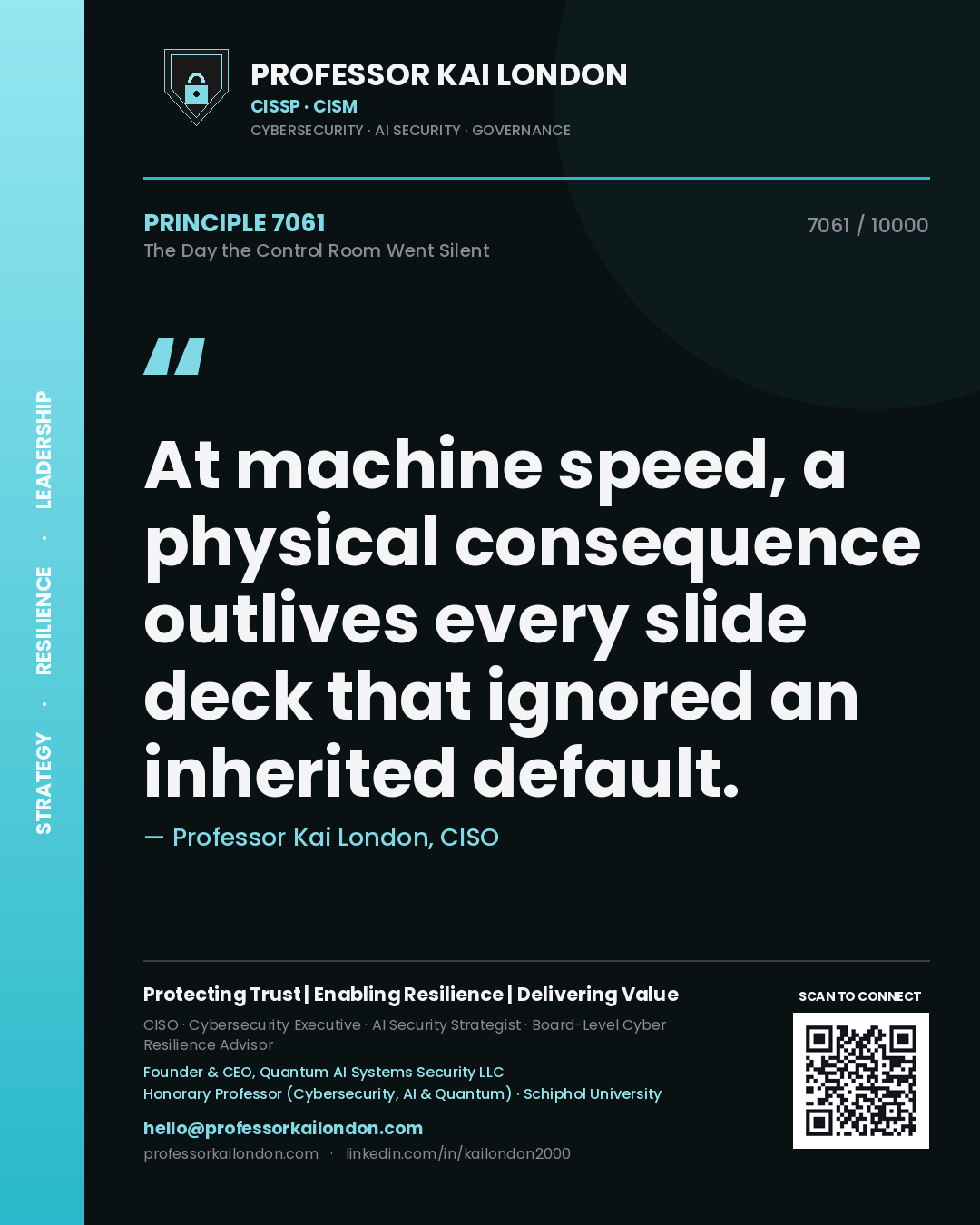 Quote card by Professor Kai London reading 'At machine speed, a physical consequence outlives every slide deck that ignored an inherited default.'. From the book The Day the Control Room Went Silent.