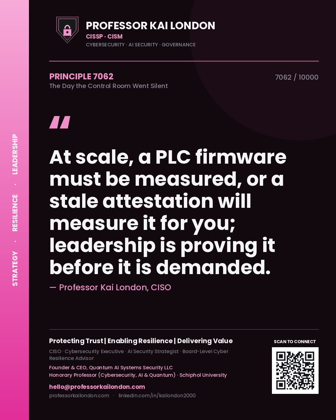 Quote card by Professor Kai London reading 'At scale, a PLC firmware must be measured, or a stale attestation will measure it for you; leadership is proving it before it is demanded.'. From the book The Day the Control Room Went Silent.