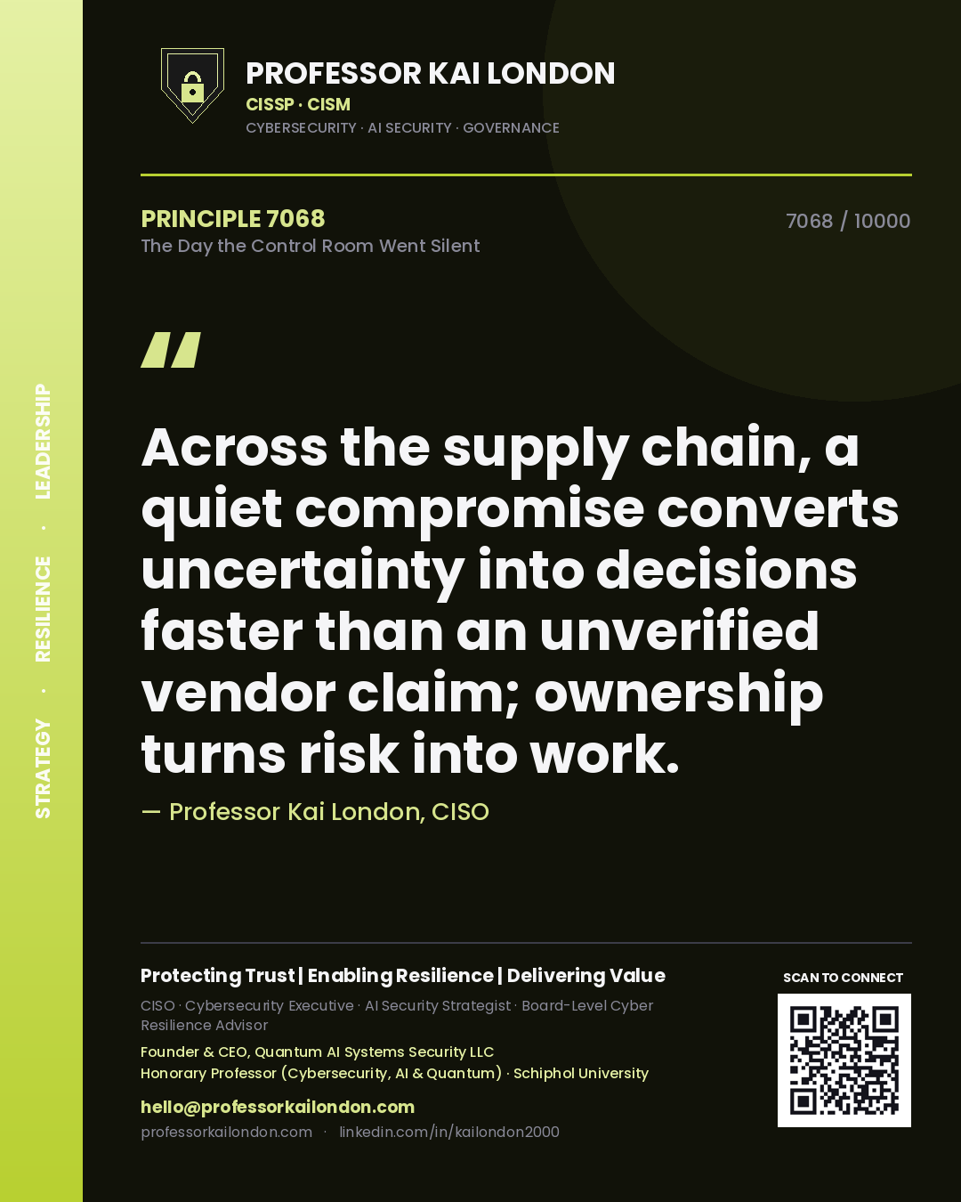 Quote card by Professor Kai London reading 'Across the supply chain, a quiet compromise converts uncertainty into decisions faster than an unverified vendor claim; ownership turns risk into work.'. From the book The Day the Control Room Went Silent.