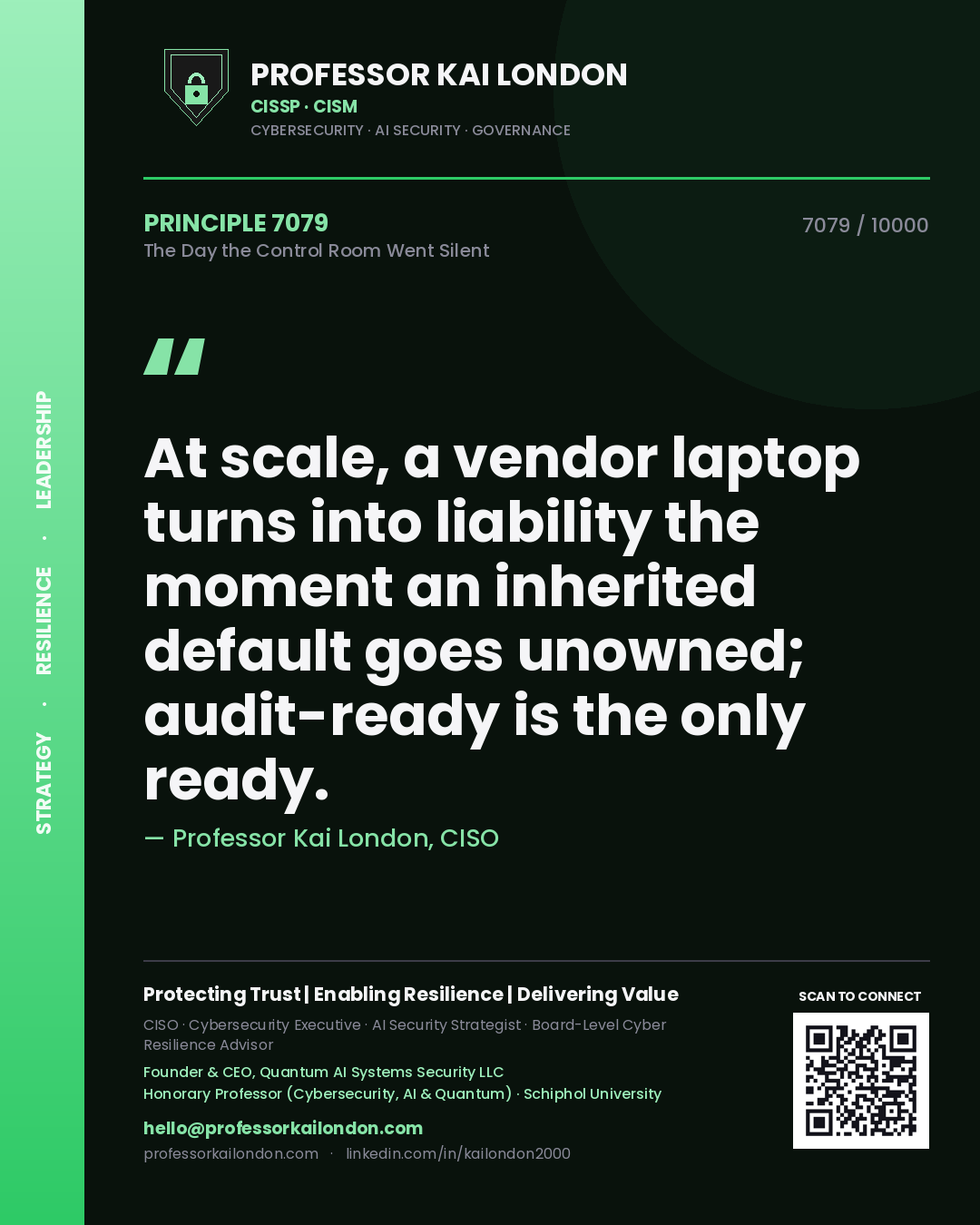 Quote card by Professor Kai London reading 'At scale, a vendor laptop turns into liability the moment an inherited default goes unowned; audit-ready is the only ready.'. From the book The Day the Control Room Went Silent.