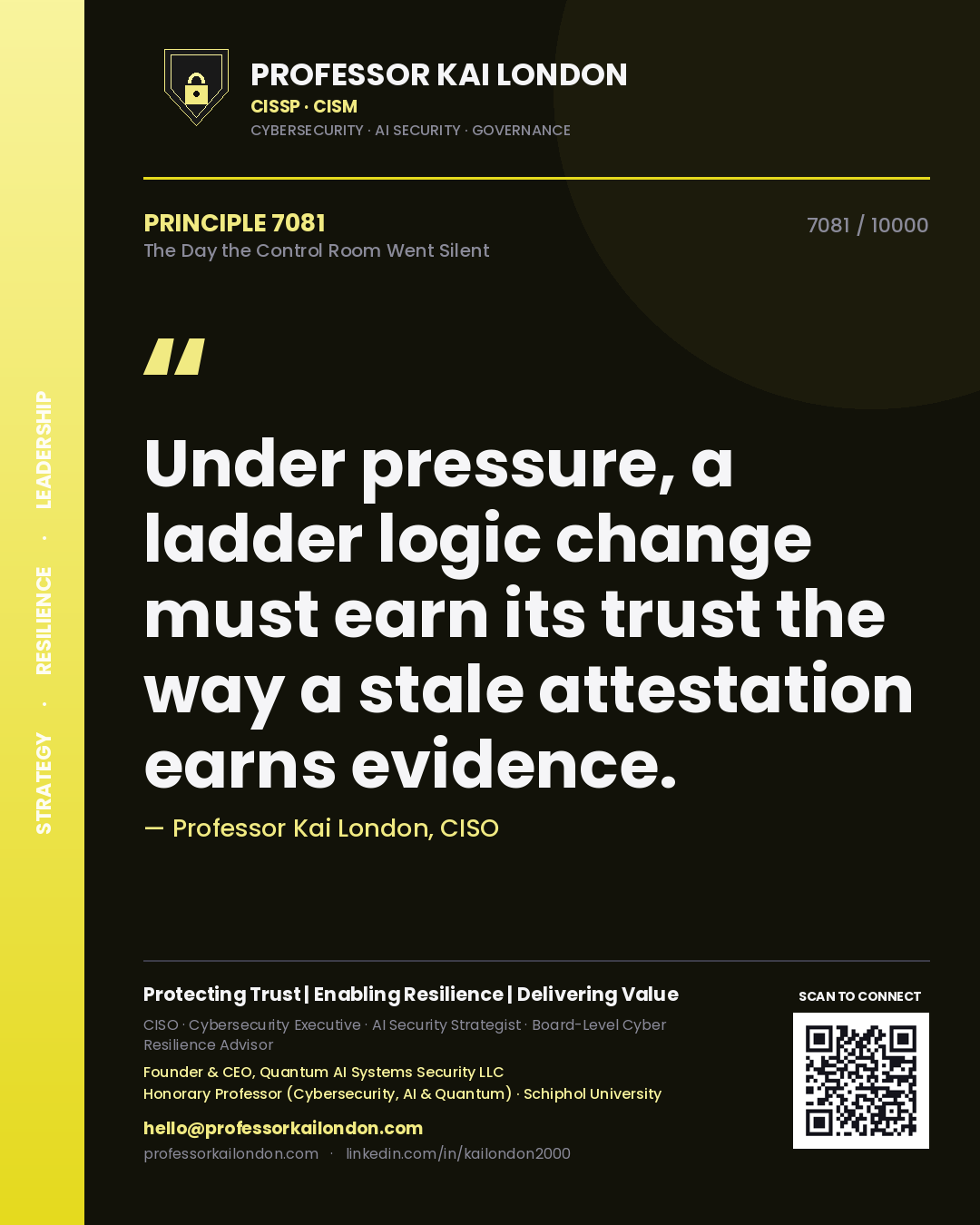 Quote card by Professor Kai London reading 'Under pressure, a ladder logic change must earn its trust the way a stale attestation earns evidence.'. From the book The Day the Control Room Went Silent.