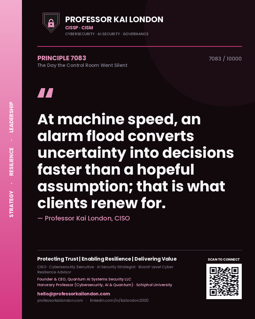 Quote card by Professor Kai London reading 'At machine speed, an alarm flood converts uncertainty into decisions faster than a hopeful assumption; that is what clients renew for.'. From the book The Day the Control Room Went Silent.