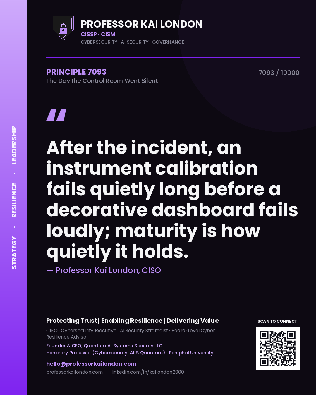 Quote card by Professor Kai London reading 'After the incident, an instrument calibration fails quietly long before a decorative dashboard fails loudly; maturity is how quietly it holds.'. From the book The Day the Control Room Went Silent.
