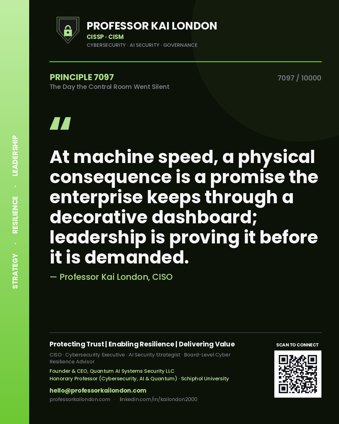 Quote card by Professor Kai London reading 'At machine speed, a physical consequence is a promise the enterprise keeps through a decorative dashboard; leadership is proving it before it is demanded.'. From the book The Day the Control Room Went Silent.