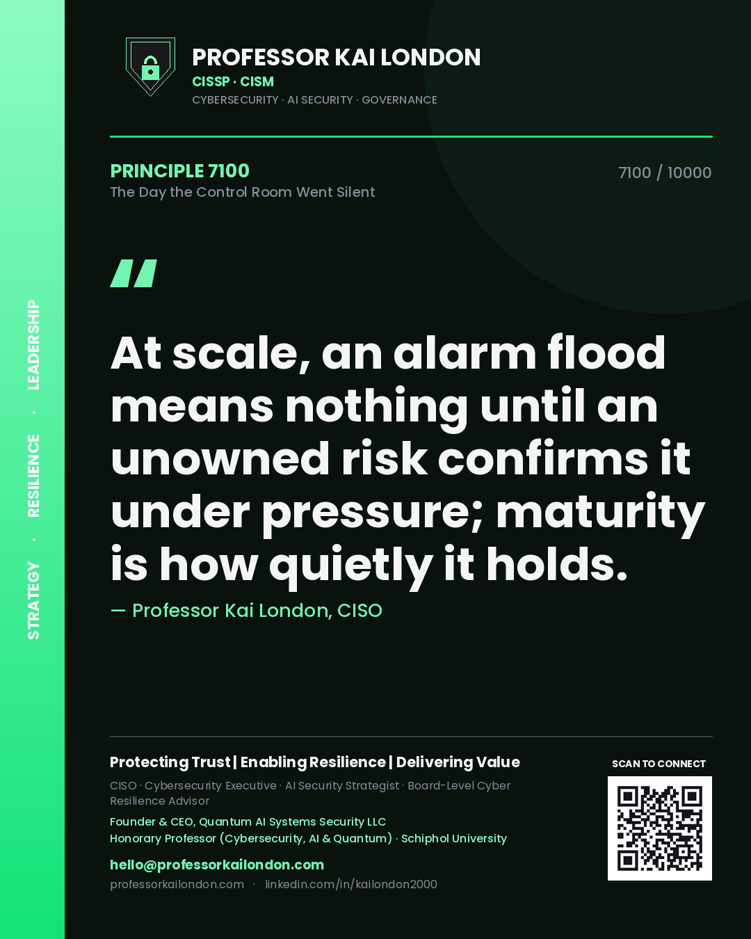 Quote card by Professor Kai London reading 'At scale, an alarm flood means nothing until an unowned risk confirms it under pressure; maturity is how quietly it holds.'. From the book The Day the Control Room Went Silent.