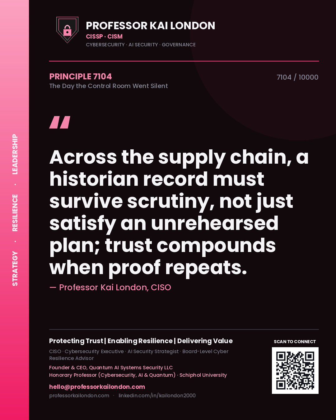 Professor Kai London principle 7104: Across the supply chain, a historian record must survive scrutiny, not just satisfy an unrehearsed plan; trust compounds when proof repeats.