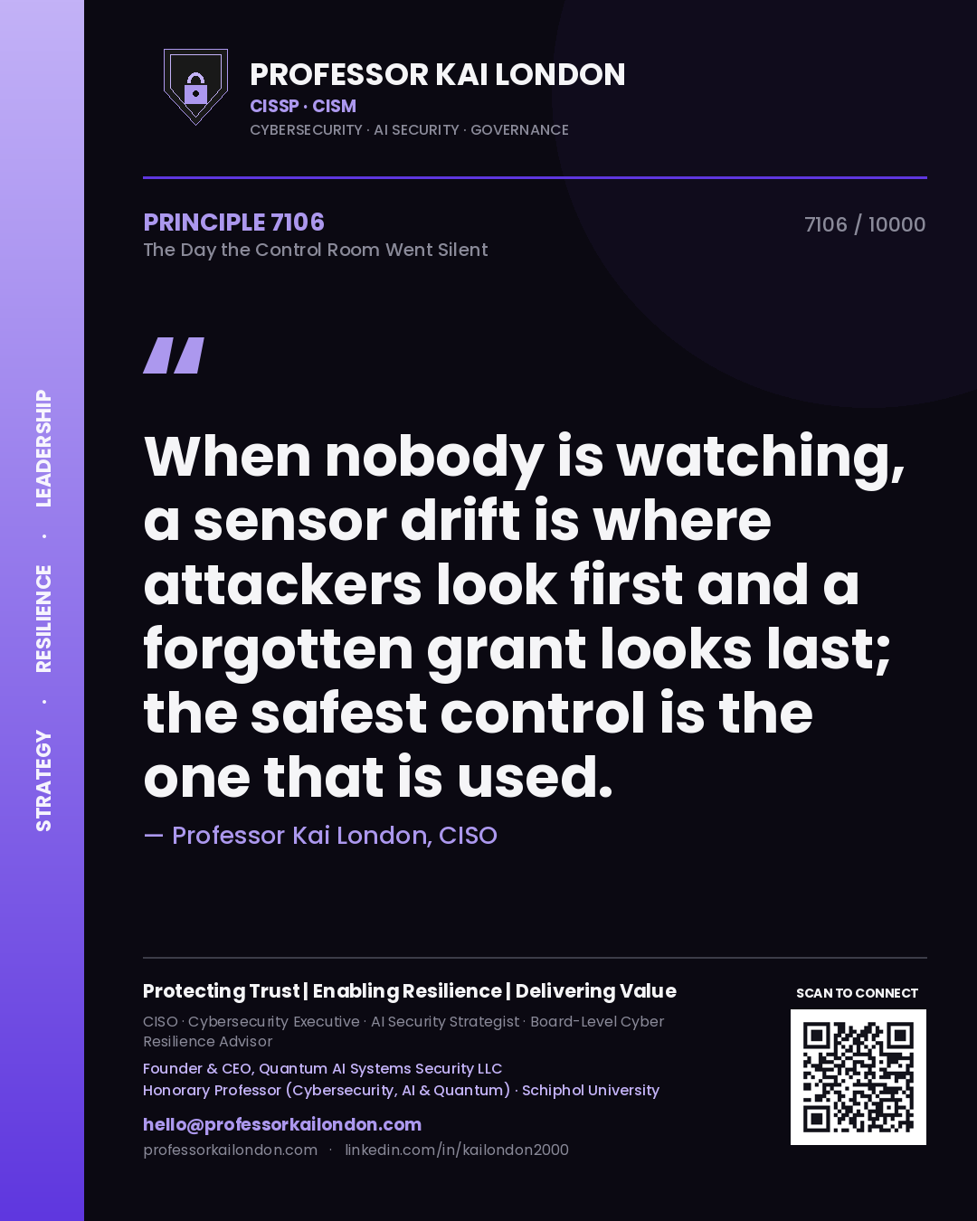 Professor Kai London principle 7106: When nobody is watching, a sensor drift is where attackers look first and a forgotten grant looks last; the safest control is the one that is used.