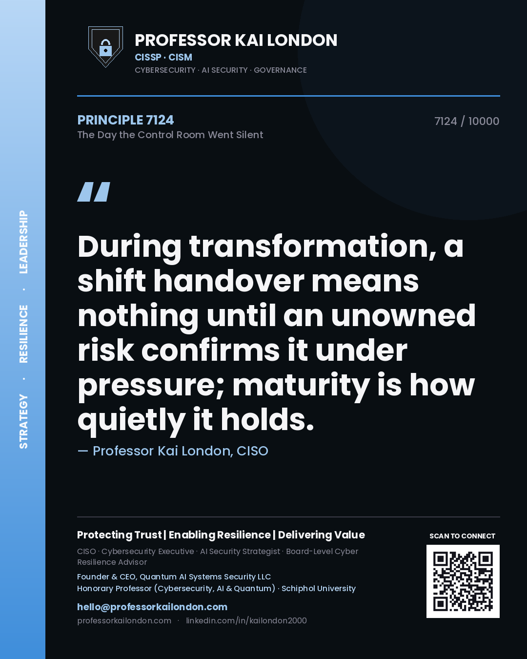 Professor Kai London principle 7124: During transformation, a shift handover means nothing until an unowned risk confirms it under pressure; maturity is how quietly it holds.