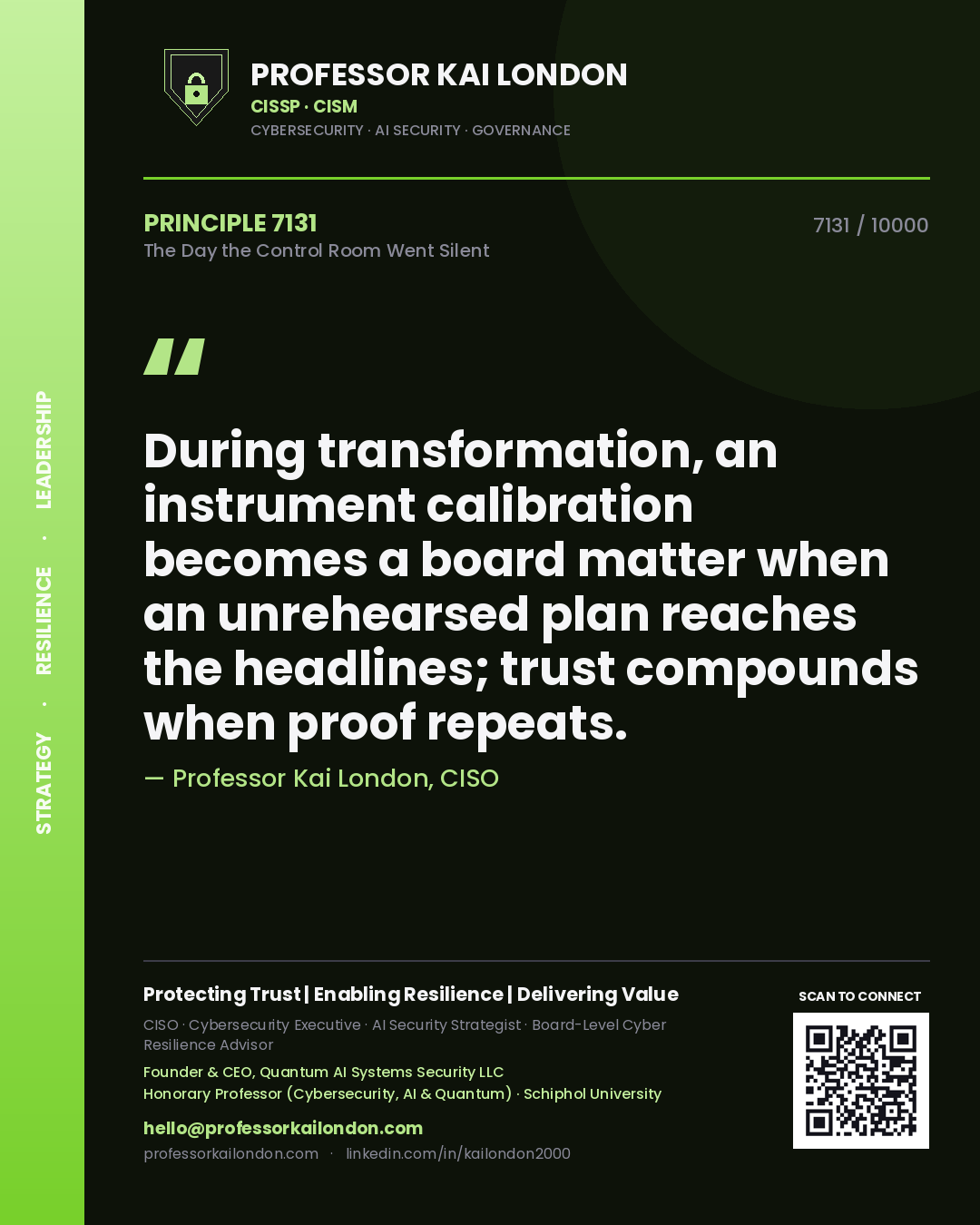Quote card by Professor Kai London reading 'During transformation, an instrument calibration becomes a board matter when an unrehearsed plan reaches the headlines; trust compounds when proof repeats.'. From the book The Day the Control Room Went Silent.