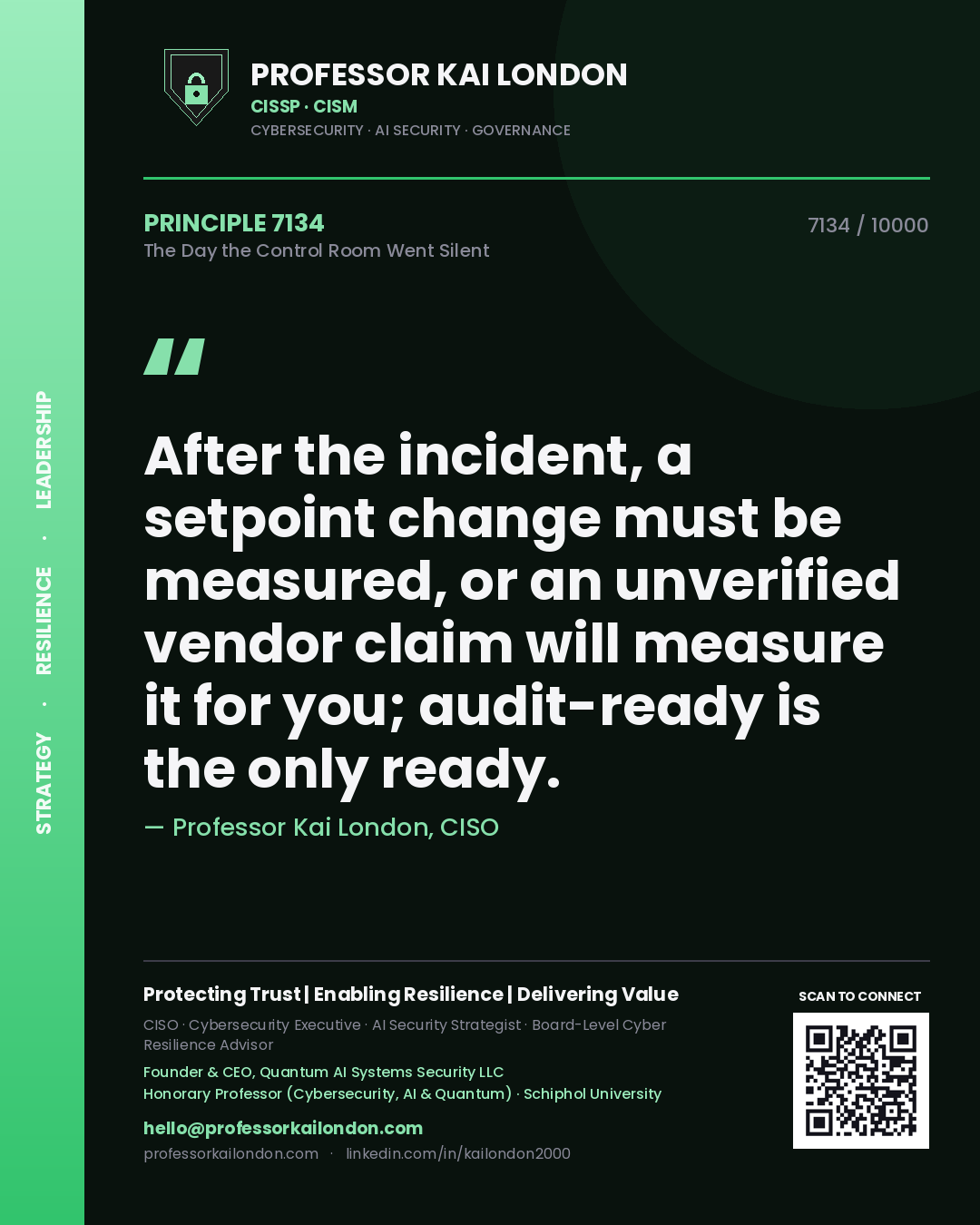 Professor Kai London principle 7134: After the incident, a setpoint change must be measured, or an unverified vendor claim will measure it for you; audit-ready is the only ready.