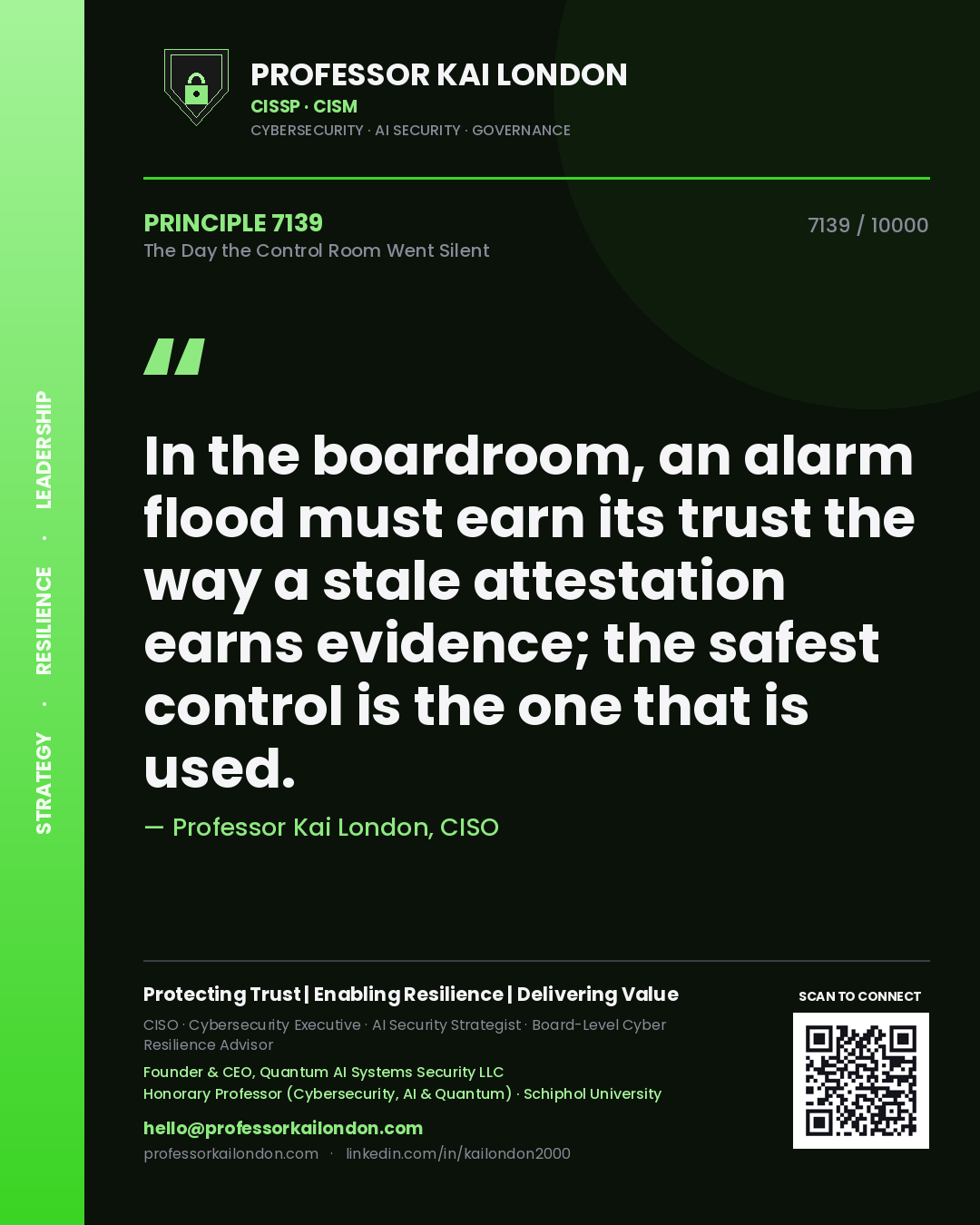 Professor Kai London principle 7139: In the boardroom, an alarm flood must earn its trust the way a stale attestation earns evidence; the safest control is the one that is used.