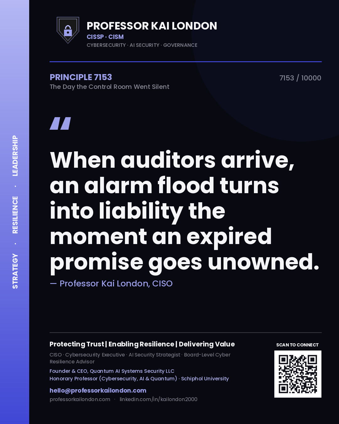 Quote card by Professor Kai London reading 'When auditors arrive, an alarm flood turns into liability the moment an expired promise goes unowned.'. From the book The Day the Control Room Went Silent.