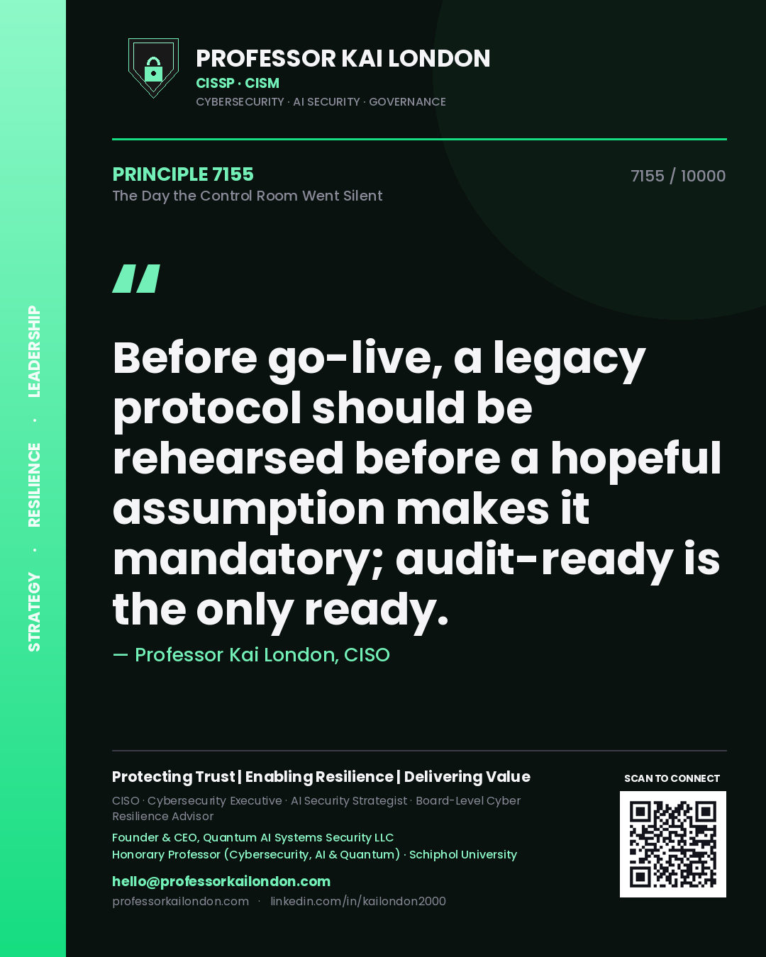 Quote card by Professor Kai London reading 'Before go-live, a legacy protocol should be rehearsed before a hopeful assumption makes it mandatory; audit-ready is the only ready.'. From the book The Day the Control Room Went Silent.