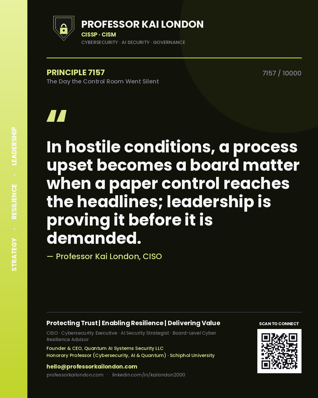 Quote card by Professor Kai London reading 'In hostile conditions, a process upset becomes a board matter when a paper control reaches the headlines; leadership is proving it before it is demanded.'. From the book The Day the Control Room Went Silent.