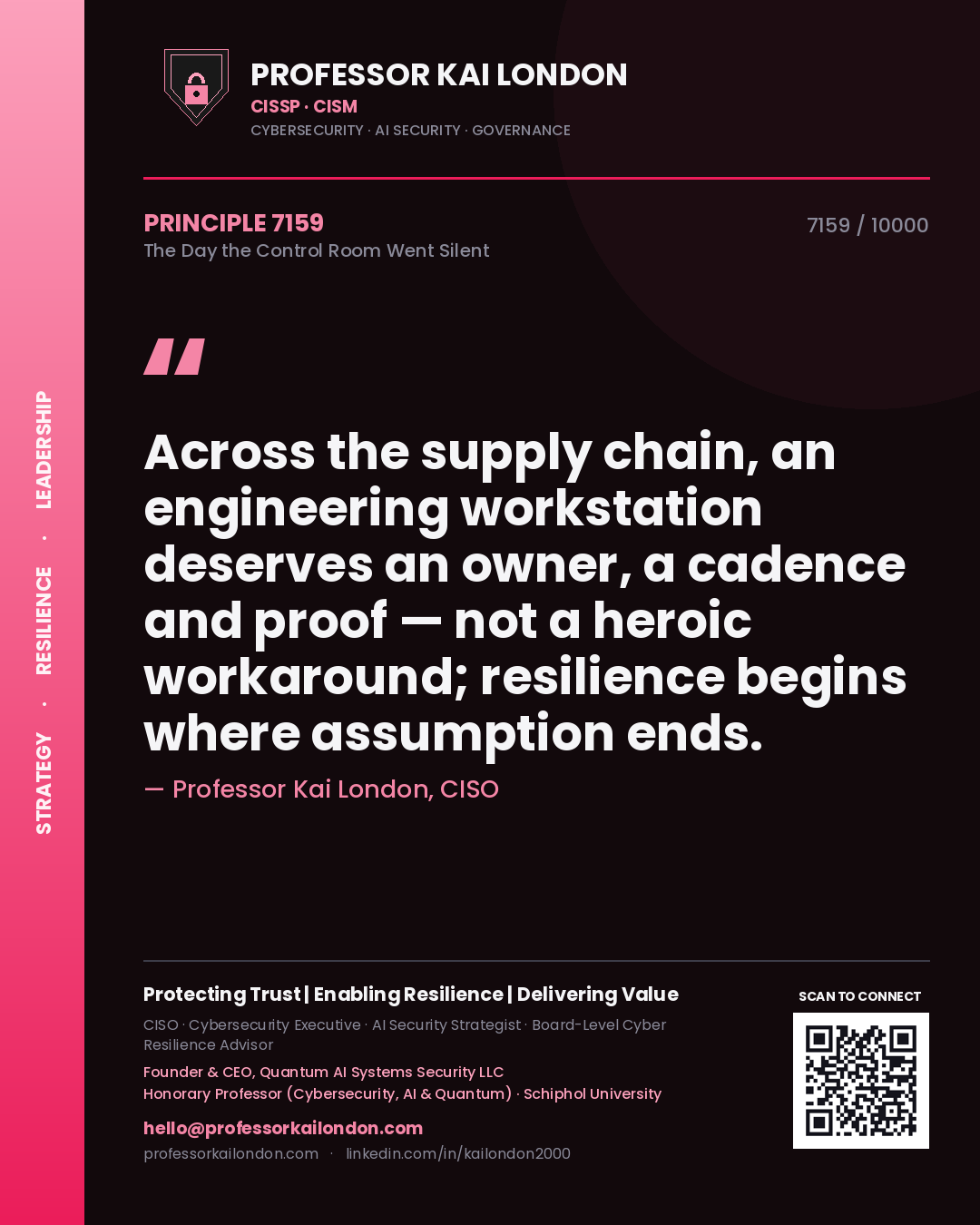 Quote card by Professor Kai London reading 'Across the supply chain, an engineering workstation deserves an owner, a cadence and proof — not a heroic workaround; resilience begins where assumption ends.'. From the book The Day the Control Room Went Silent.