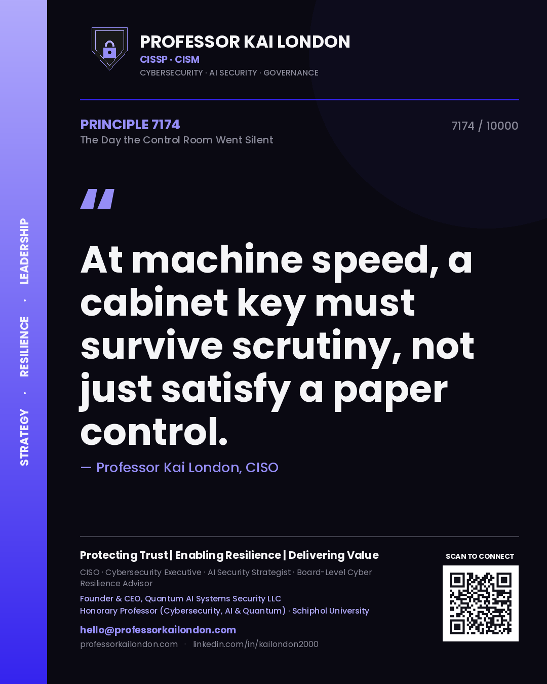 Quote card by Professor Kai London reading 'At machine speed, a cabinet key must survive scrutiny, not just satisfy a paper control.'. From the book The Day the Control Room Went Silent.