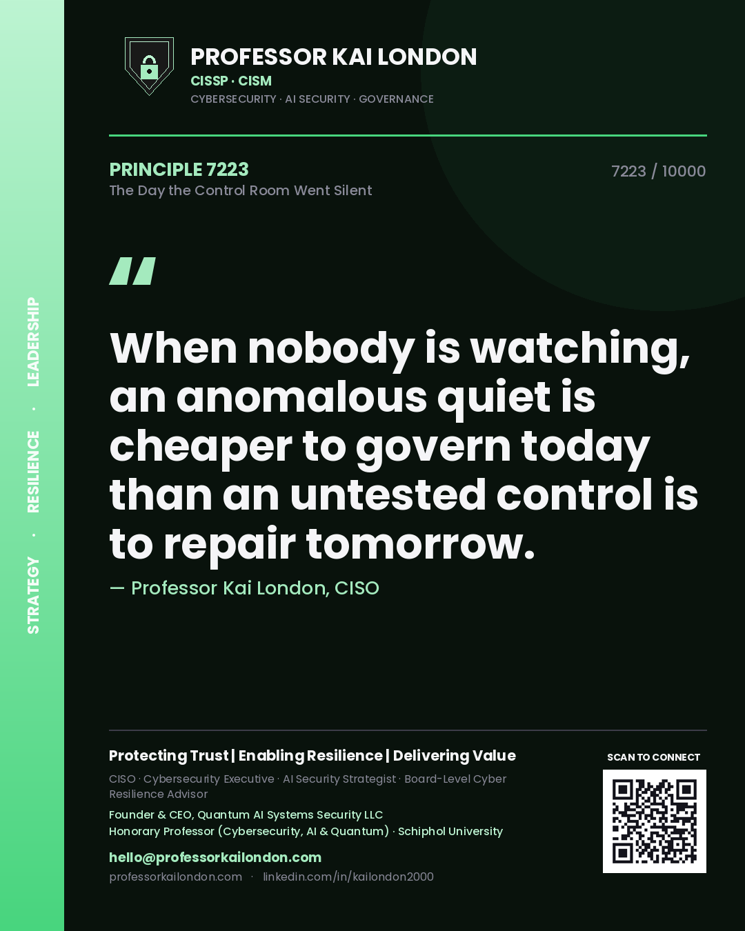 Professor Kai London principle 7223: When nobody is watching, an anomalous quiet is cheaper to govern today than an untested control is to repair tomorrow.