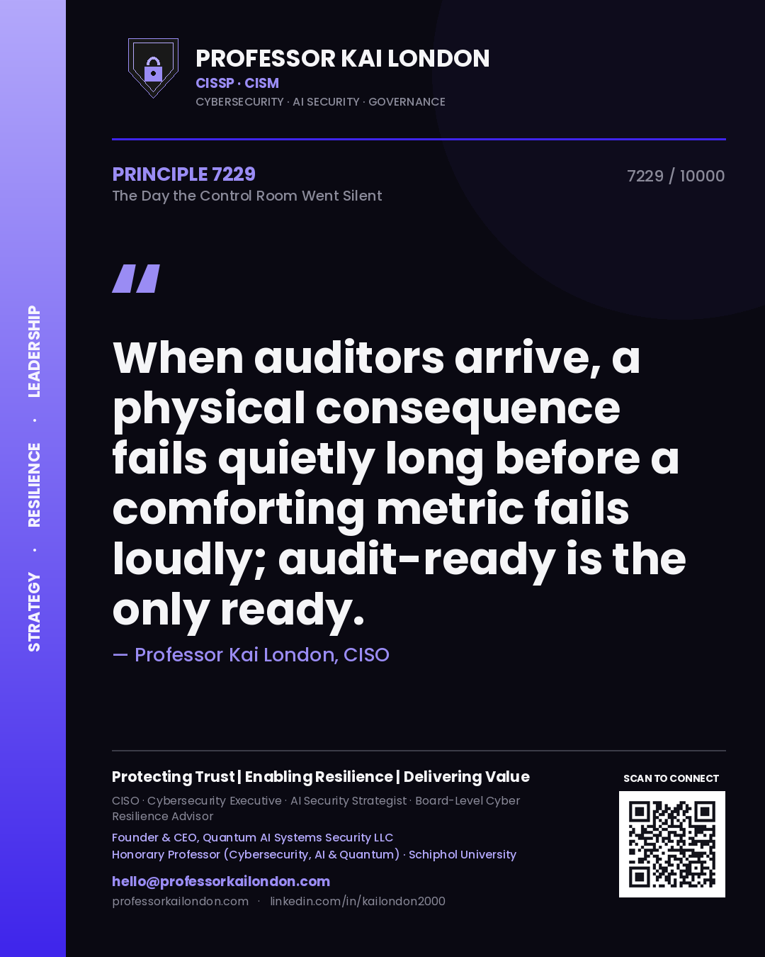 Professor Kai London principle 7229: When auditors arrive, a physical consequence fails quietly long before a comforting metric fails loudly; audit-ready is the only ready.