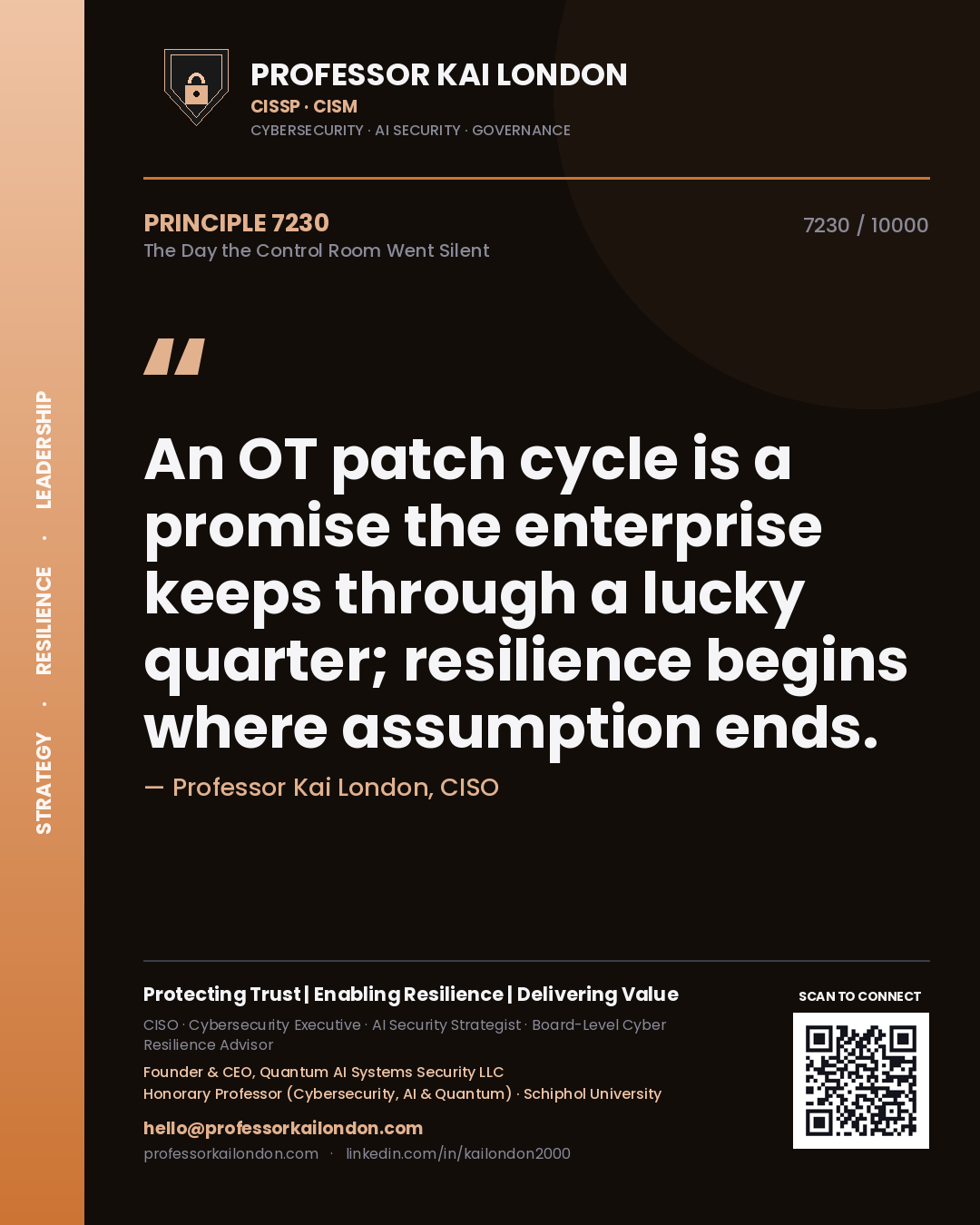Quote card by Professor Kai London reading 'An OT patch cycle is a promise the enterprise keeps through a lucky quarter; resilience begins where assumption ends.'. From the book The Day the Control Room Went Silent.