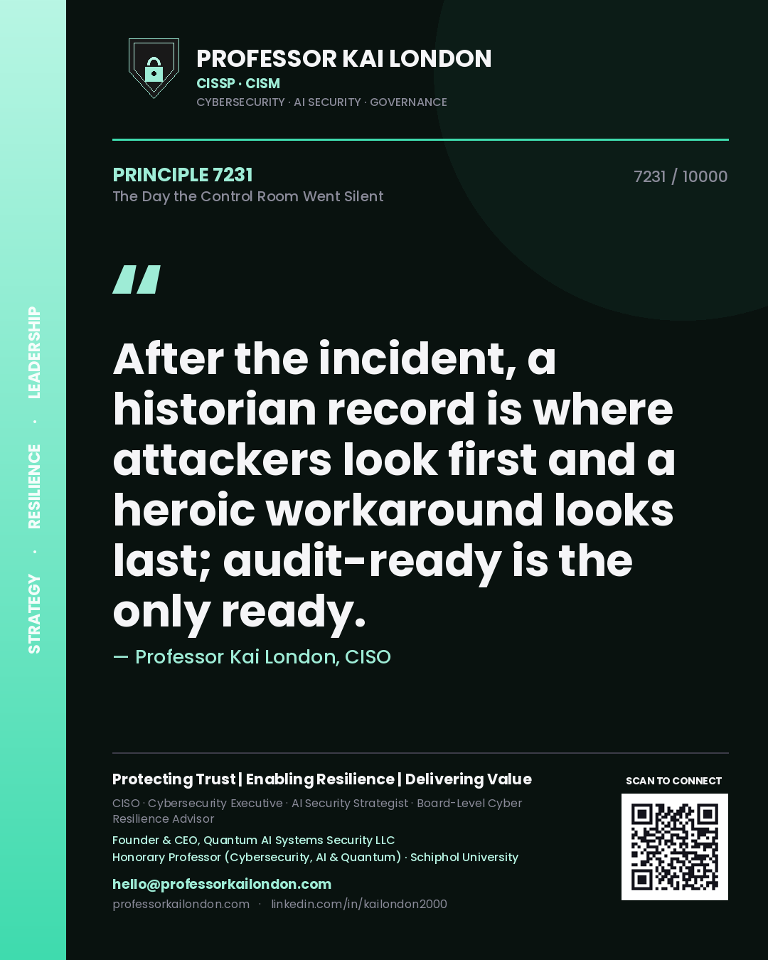 Quote card by Professor Kai London reading 'After the incident, a historian record is where attackers look first and a heroic workaround looks last; audit-ready is the only ready.'. From the book The Day the Control Room Went Silent.