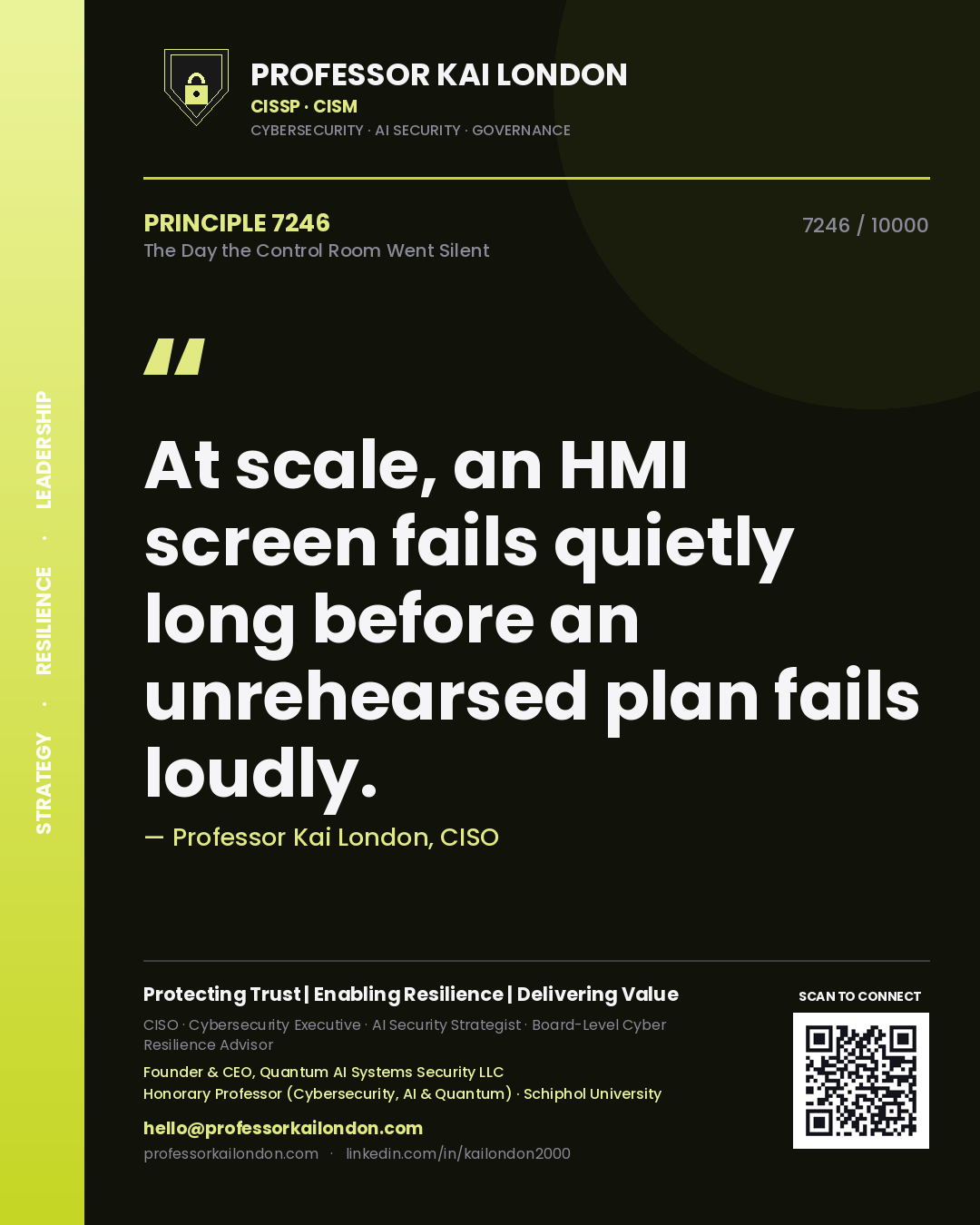 Quote card by Professor Kai London reading 'At scale, an HMI screen fails quietly long before an unrehearsed plan fails loudly.'. From the book The Day the Control Room Went Silent.