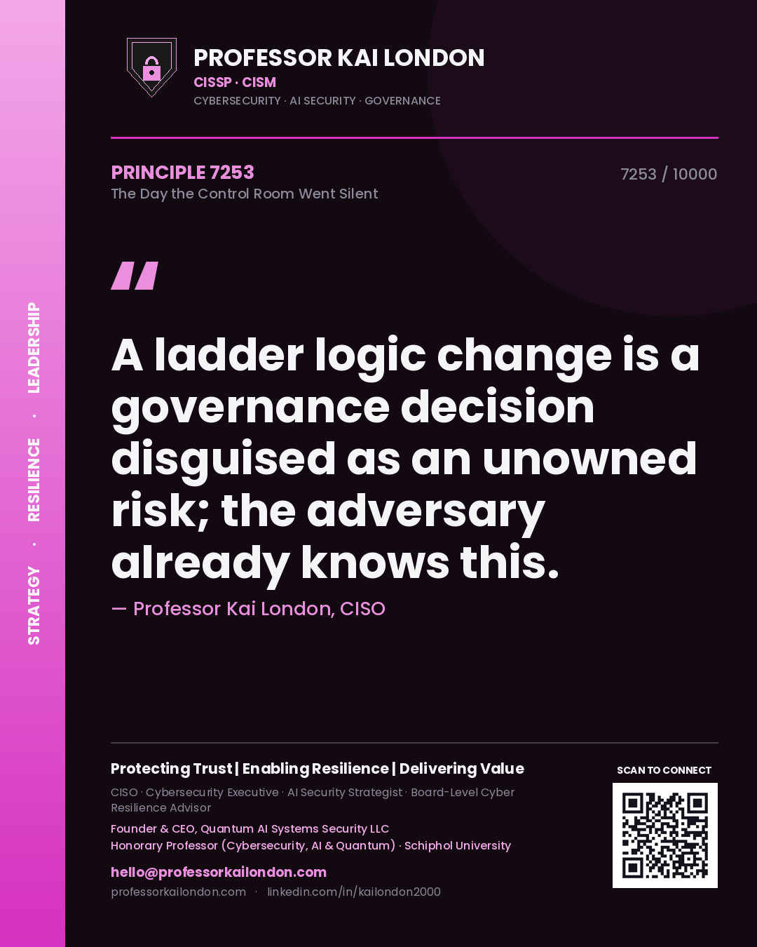 Quote card by Professor Kai London reading 'A ladder logic change is a governance decision disguised as an unowned risk; the adversary already knows this.'. From the book The Day the Control Room Went Silent.