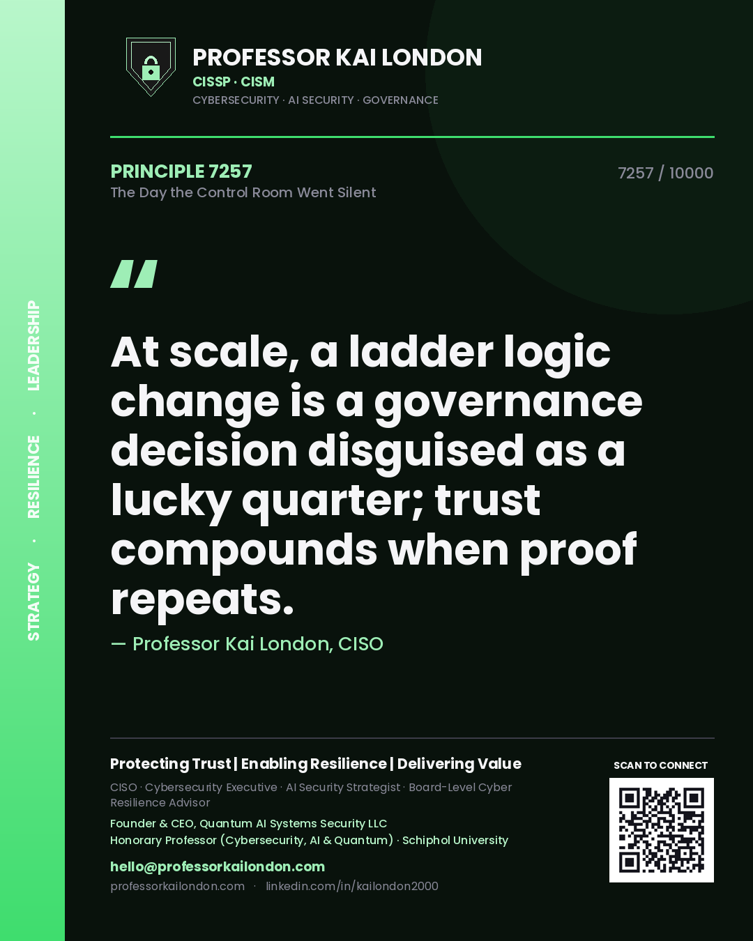 Quote card by Professor Kai London reading 'At scale, a ladder logic change is a governance decision disguised as a lucky quarter; trust compounds when proof repeats.'. From the book The Day the Control Room Went Silent.