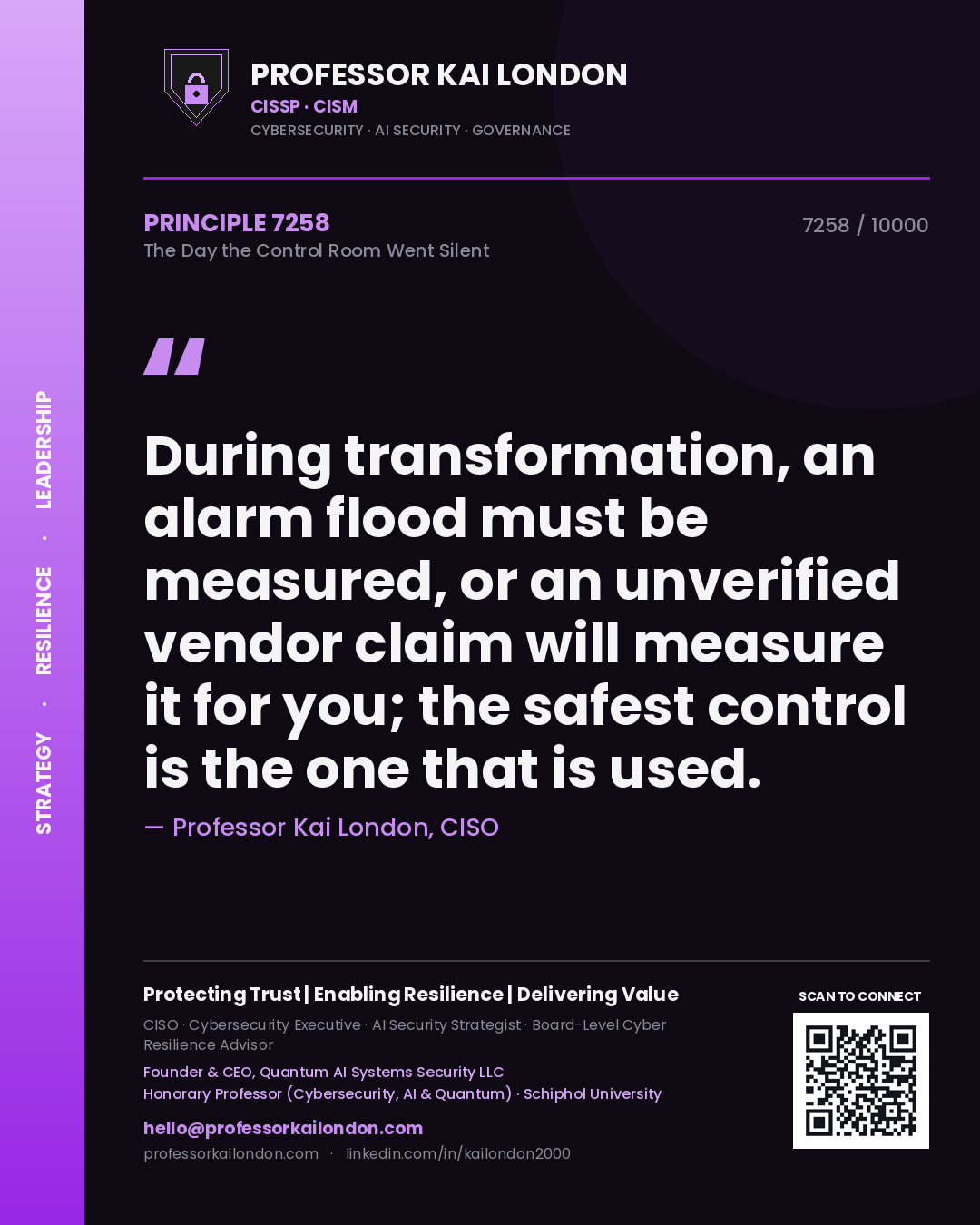 Professor Kai London principle 7258: During transformation, an alarm flood must be measured, or an unverified vendor claim will measure it for you; the safest control is the one that is used.