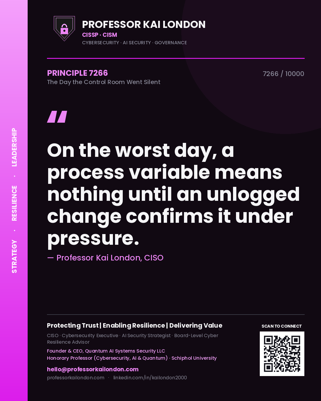 Quote card by Professor Kai London reading 'On the worst day, a process variable means nothing until an unlogged change confirms it under pressure.'. From the book The Day the Control Room Went Silent.