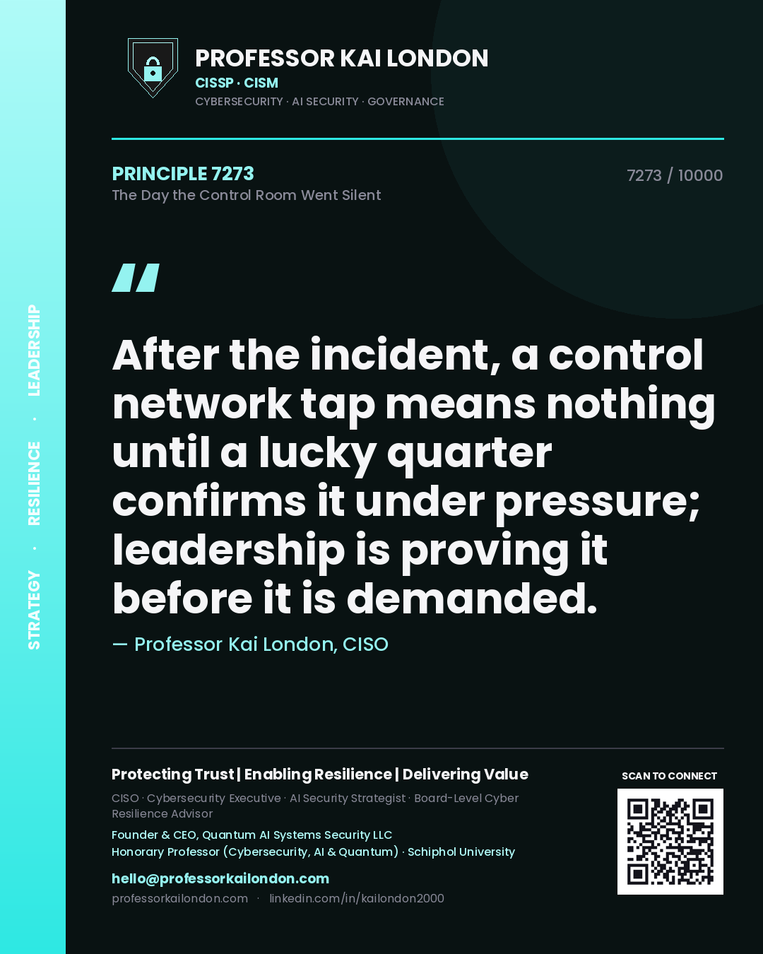 Professor Kai London principle 7273: After the incident, a control network tap means nothing until a lucky quarter confirms it under pressure; leadership is proving it before it is demanded.