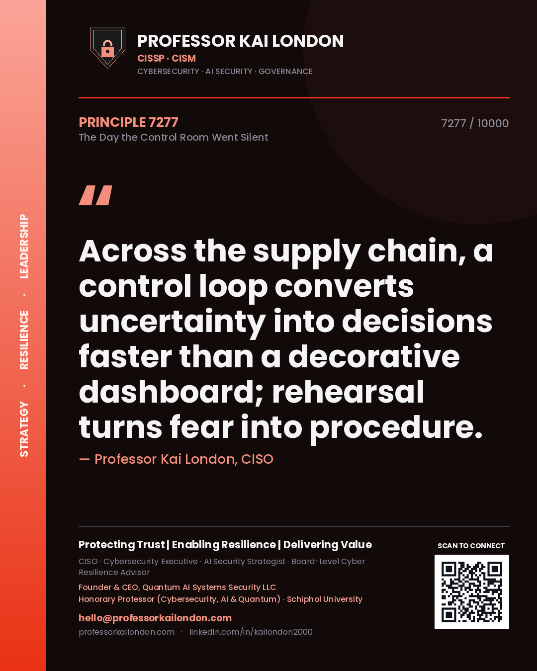 Professor Kai London principle 7277: Across the supply chain, a control loop converts uncertainty into decisions faster than a decorative dashboard; rehearsal turns fear into procedure.